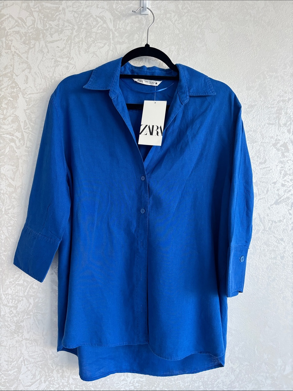 NWT ZARA 100% Linen Oversized Button Down Shirt Royal Cobalt Blue XS